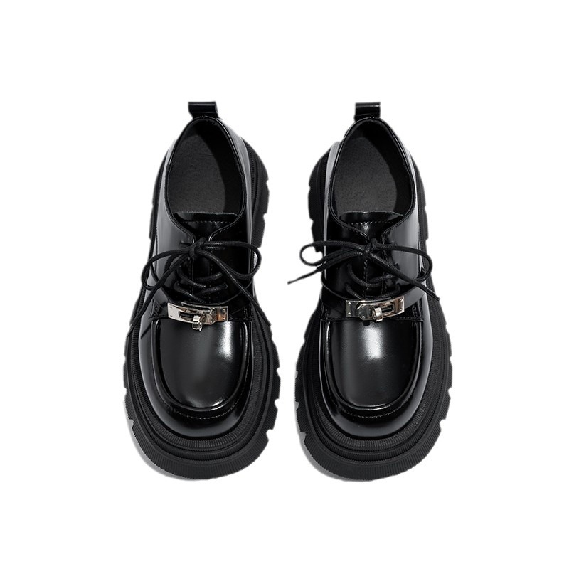 Zapatos de cuero negros de suela gruesa, nuevos tirantes de primavera y otoño, estilo británico, zapatos lofu, zapatos individuales altos, delgados y simples