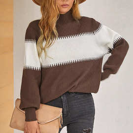 定制欧美跨境冬季高领撞色针织衫上衣长袖针织毛衣舒适休闲女款