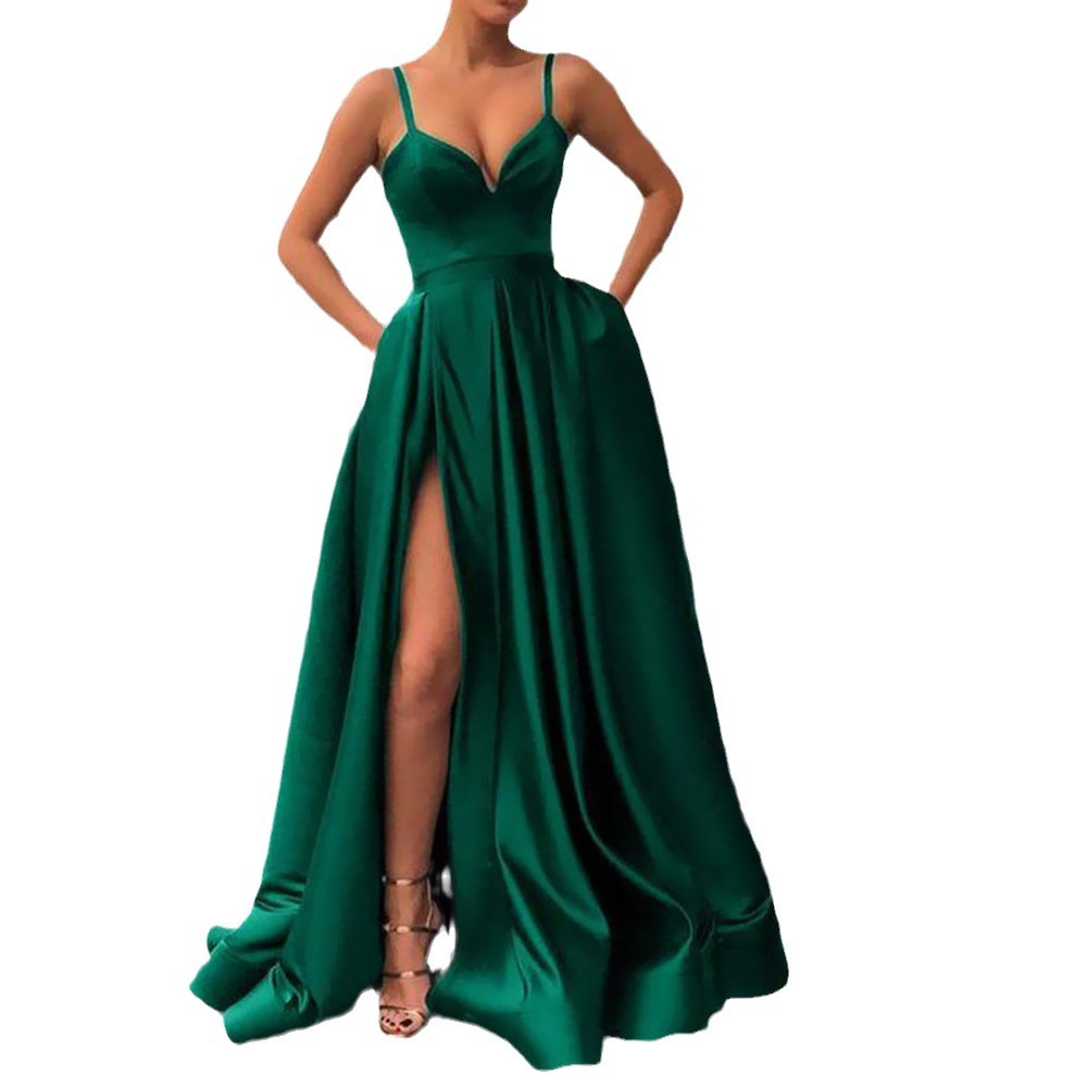 2025 nueva primavera transfronteriza Amazon vestido de color delgado de cola de cola de fiesta vestido de satén
