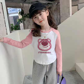 女童打底衫新款卡通潮流弧形纯棉长袖拼色T恤春秋洋气甜美中大童
