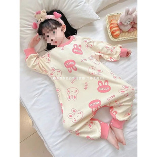 Spring and Autumn Children's Jumpsuit Cute Thin Cartoon Rabbit Long Sleeve Girls Home Clothes Baby Anti-Kick Belly Protector Wholesale