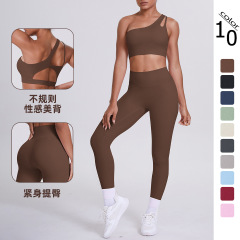 跨境欧美双面锦纶磨毛单斜肩瑜伽服套装运动跑步健身长裤两件套女