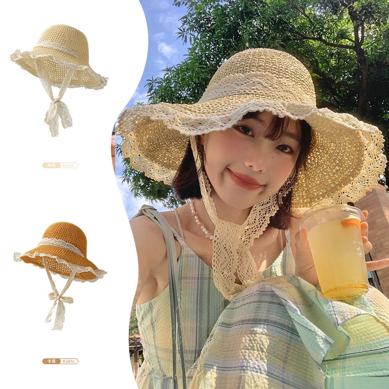 Hat Women's Spring and Summer New French Straw Hat All-match Lace Sunscreen Hat Summer Beach Sunshade Hat Hat Women's Spring and Summer New French Straw Hat All-match Lace Sunscreen Hat Summer Beach Sunshade Hat