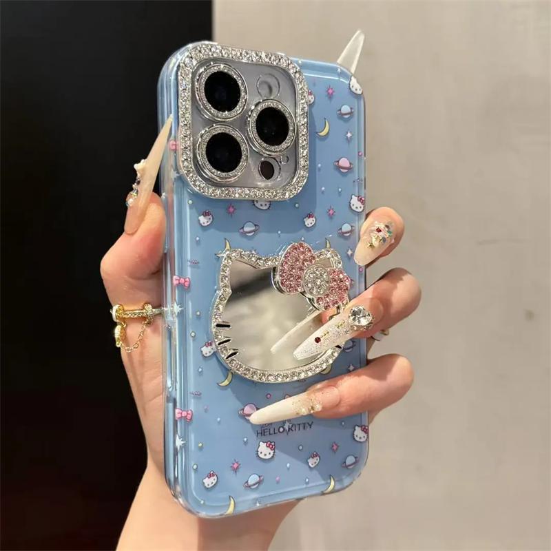镶钻kitty猫镜子适用苹果16promax手机壳新款iPhone15Pro高级14pl|undefined