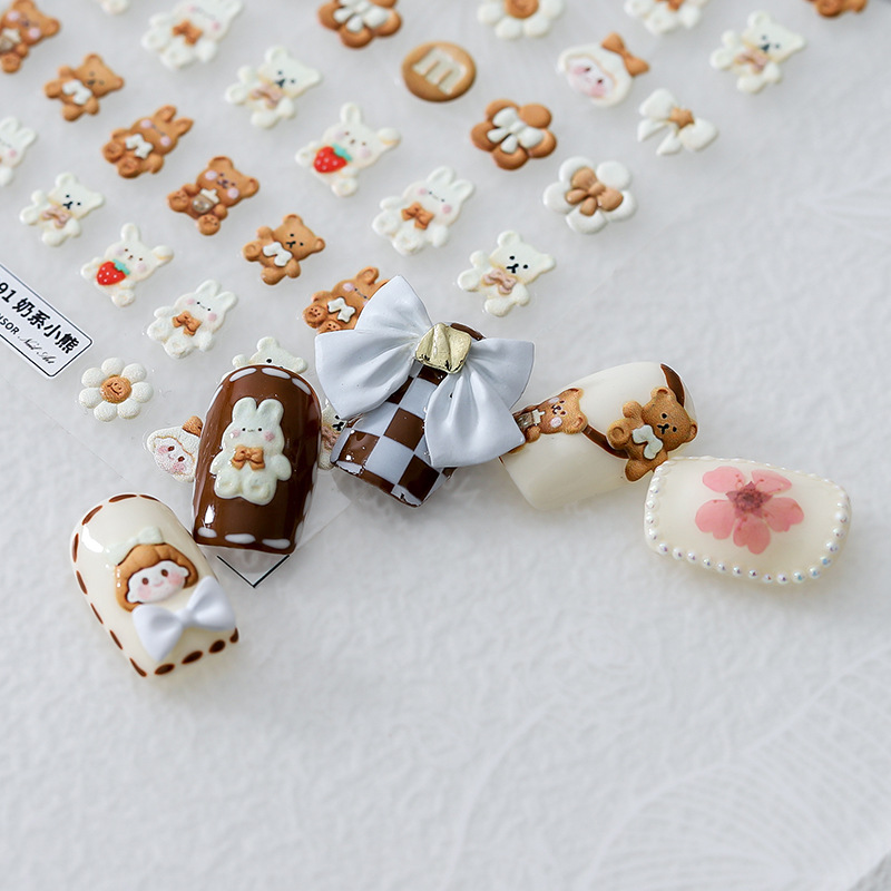 Hierro nuevo arte alivio etiqueta engomada del clavo pro delgada resistente esmerilado delgada transparente adhesivo de uñas Oso de leche TS991