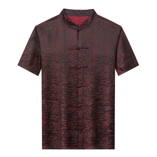 Summer Mulberry Silk Tang Suit Men's Short-Sleeved Shirt for Middle-Aged and Elderly People, Grandpa's Summer Silk Dad's Clothing, Birthday Clothes for the Elderly