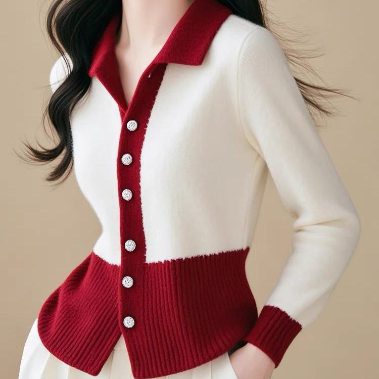 Áo len cardigan nữ cổ V dệt kim tay dài phối màu ôm dáng — Đánh vần màu đỏ và trắng chi tiết 3