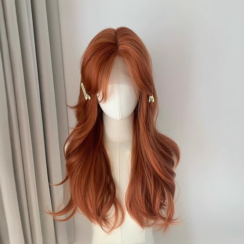 Wig for Girls Full Headband Forehead Lace Natural Fluffy Dirty Orange Big Wavy Long Curly Hair Dopamine Wig