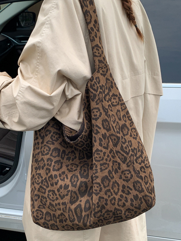 日常通勤托特包女2025新款复古大容量休闲单肩布包时尚豹纹腋下包|undefined