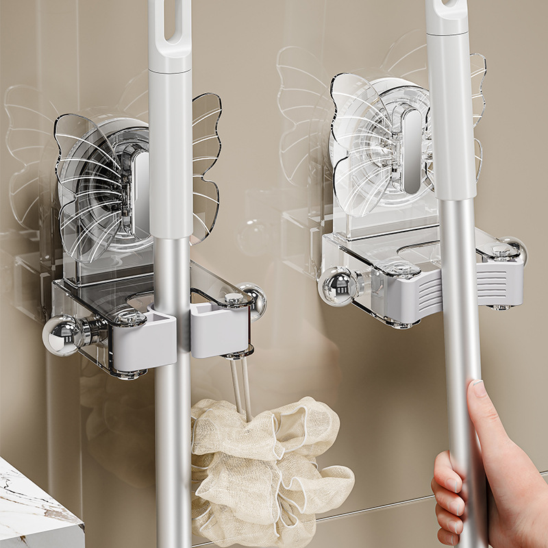Mariposa baño trapeador clip hanger sin perforación inodoro pared ventosa estante de almacenamiento estante de almacenamiento gancho de fijación