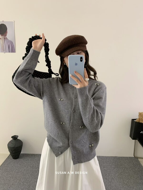 苏珊 小众蝴蝶结装饰针织开衫女韩版宽松时尚温柔风圆领毛衣26980|undefined