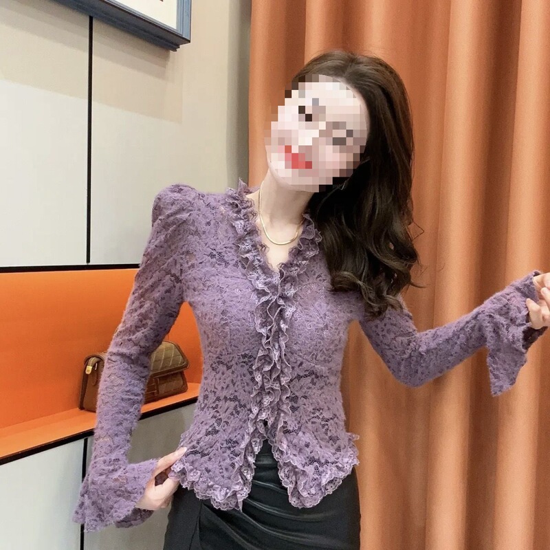 2025年新品法式新品感纯色领拼接花边长袖蕾丝衫女春秋季新款修身|undefined