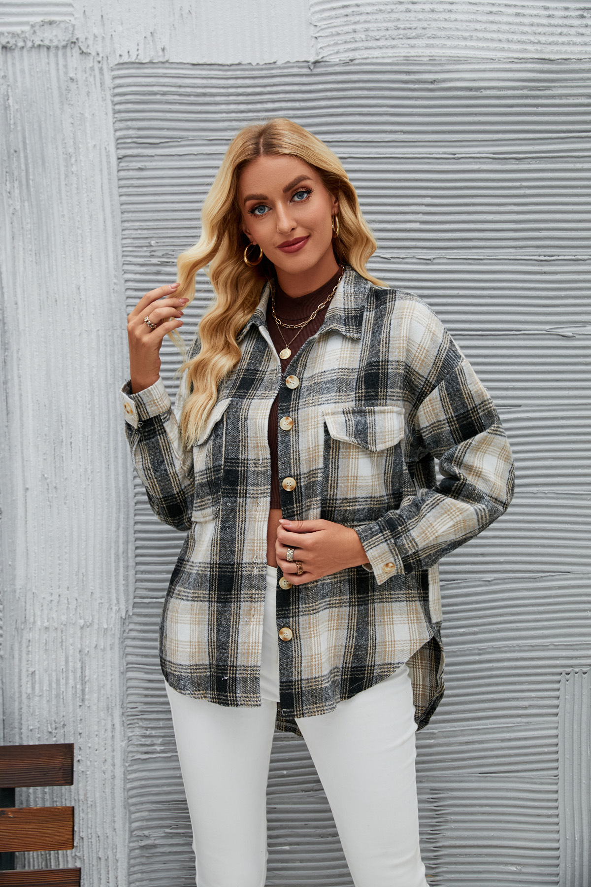 Womens Plaid Woolen Blouse Long Sleeve Loose Winter Jacket For Women_voghion.com