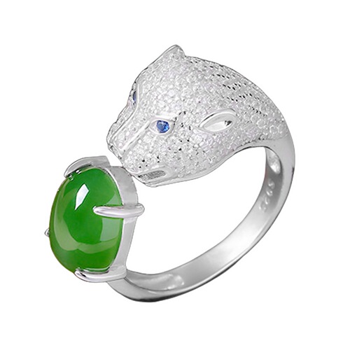 Full diamond temperament, gentle and soft green jade leopard head ring, open inlaid jade domineering leopard head ring, jade ring for women