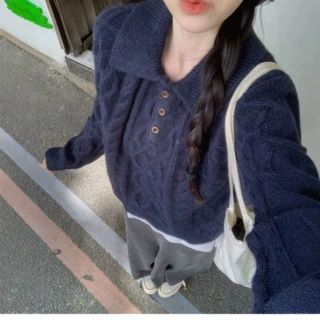 秋冬韩系100羊毛衫软糯学院风宽松麻花女polo领加厚毛衣打底内搭