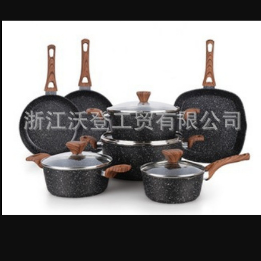 跨境套锅11pcs麦饭石不粘铝锅煲电磁炉平底煎锅奶锅锅具套装现货