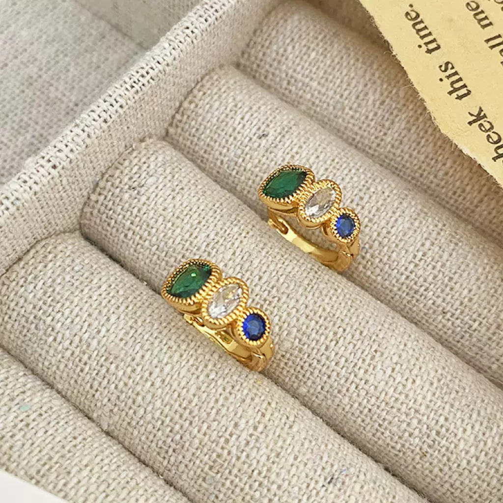 法式复古彩色锆石圈圈耳环耳扣女小众时尚轻奢简约气质耳饰圆圈