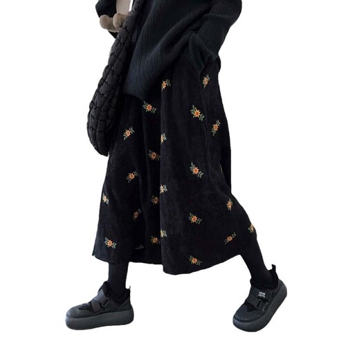 Vintage Brown Corduroy Skirt A Midi Skirt Early Autumn Embroidered Floral Forest System Knee-Length Skirt