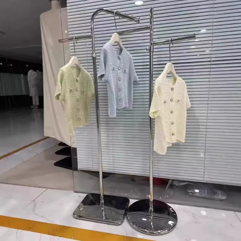 Tienda de ropa de ventana simple plata colgando ropa percha de sombrero estante de piso de acero inoxidable estante de exhibición estante de isla image 4