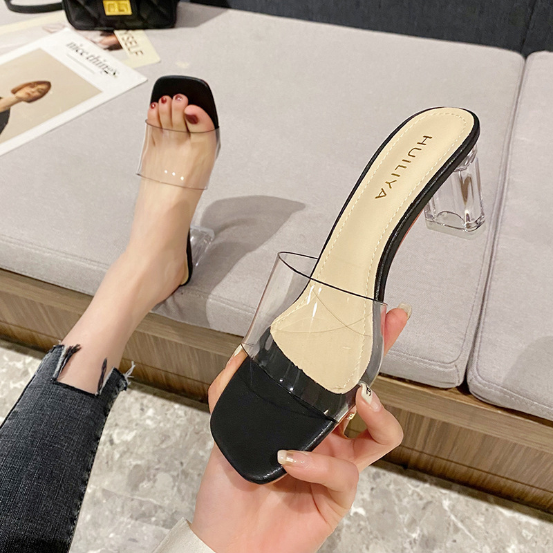Women's Summer Outdoor Slip-On Sandals 2025 Square Toe Crystal Chunky Heel Transparent Sexy High Heels 832-1 Crystal High Heels