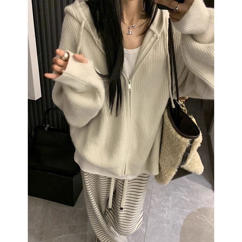 韩系连帽拉链毛衣女秋冬2025新款内搭慵懒感针织开衫卫衣外套|undefined