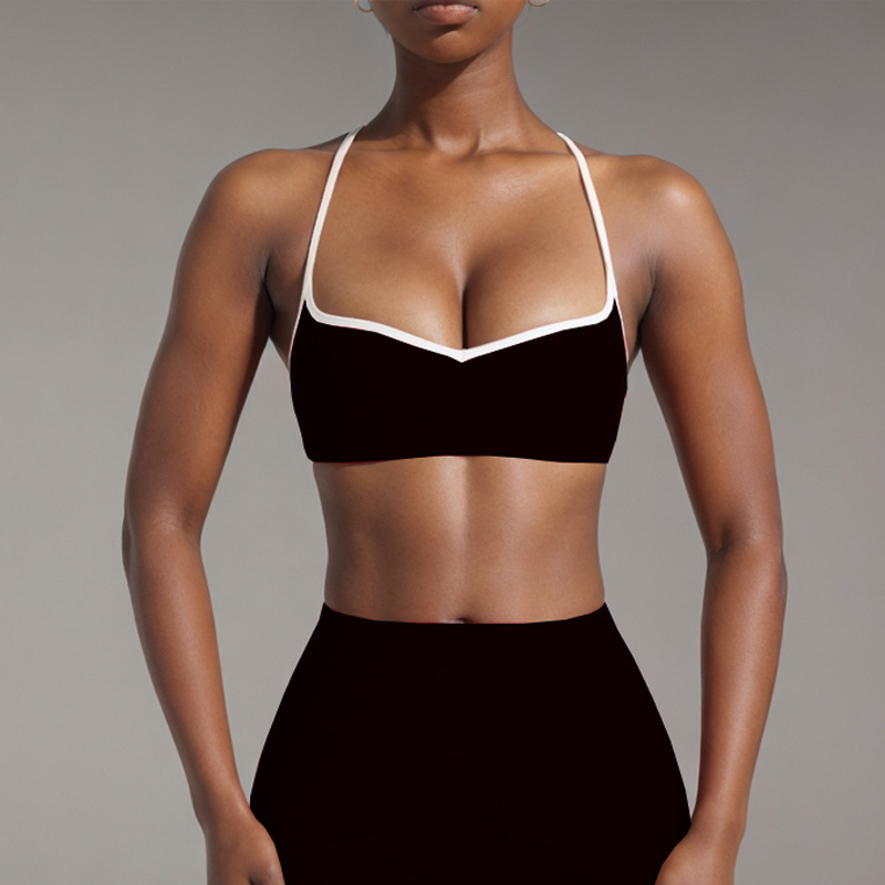 Procesamiento personalizado OEM comercio exterior europeo y americano transfronterizo belleza espalda deporte contraste color sujetador melocotón cadera alta cadera elástica pantalones de yoga