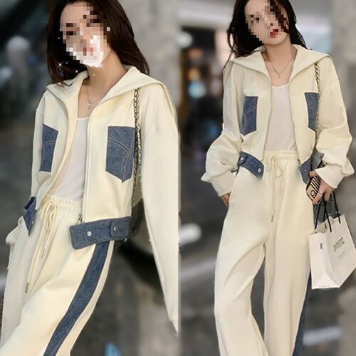 Beige white denim splicing casual sports suit for women's spring and autumn new two-piece set popular age-reducing preppy style