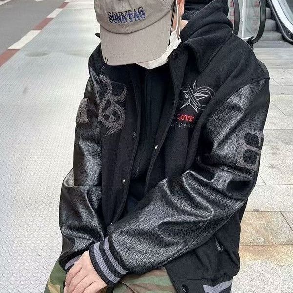 American-style national fashion brand baseball uniform men's spring and autumn masked general embroidered PU leather jacket High Street hip hop jacket fashion