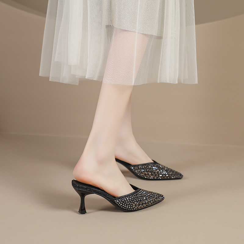 2026 nueva red de verano infrarroja con zapatillas de talón alto de diamante, zapatillas de cabeza de punta de mujer, zapatillas de media cabeza de paquete image 7