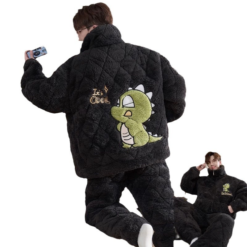 잠옷 남자 겨울 산호 양털 기모 3 층 퀼트 겨울 남자 10 대 학생 큰 어린이 세트