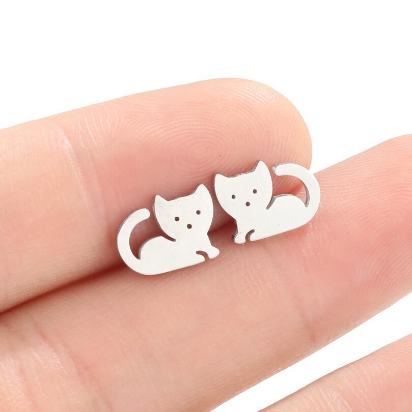 Cute Heart Shape Cat Owl Stainless Steel Plating Ear Studs 1 Pair