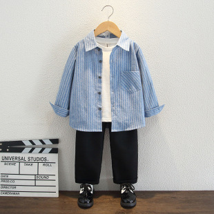 Boys Suit 2025 Spring & Fall New Style Handsome Fashionable Stripesd Shirt Top Suit Pants Kidsren's Baby Two-Piece Set