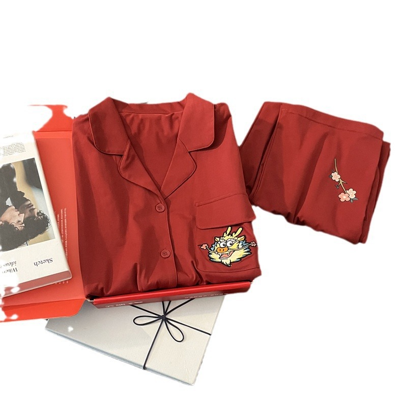 Dragón rojo año pareja pijamas primavera y otoño puro algodón de manga larga 2024 Nuevo Año de la boda de los hombres y las mujeres de invierno homewear