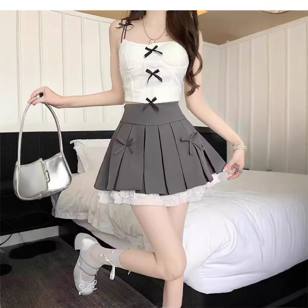 Hot Girl Pleated Skirt Bow Lace Grey Skirt Women's Solid Color Early Spring High Waist A- Line Skirt Summer Short Skirt