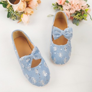 Girls' Shallow Mary Jane Shoes 2025 Spring New Korean-Style Denim Flat Shoes for Older Children, Performance Dance Shoes