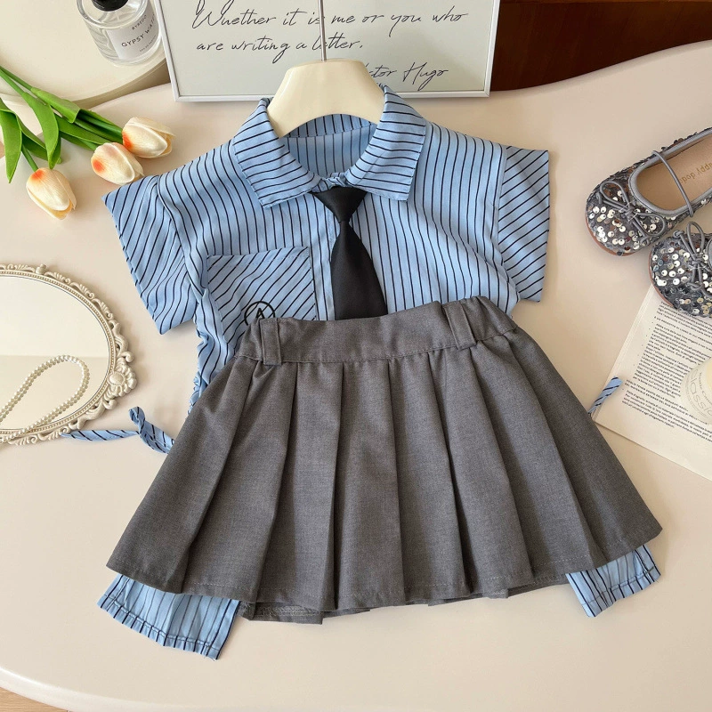 Летняя рубашка, плиссированная юбка, комплект, для детей 3-8 лет
