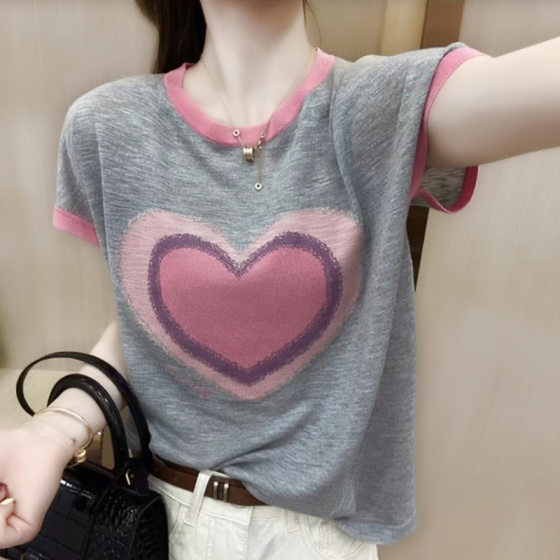 Outlets Brand Counter Cut Label Clearance Thin Loose Age-reducing Round Neck Linen Colorblock Short-sleeved Knit Sweater for Women