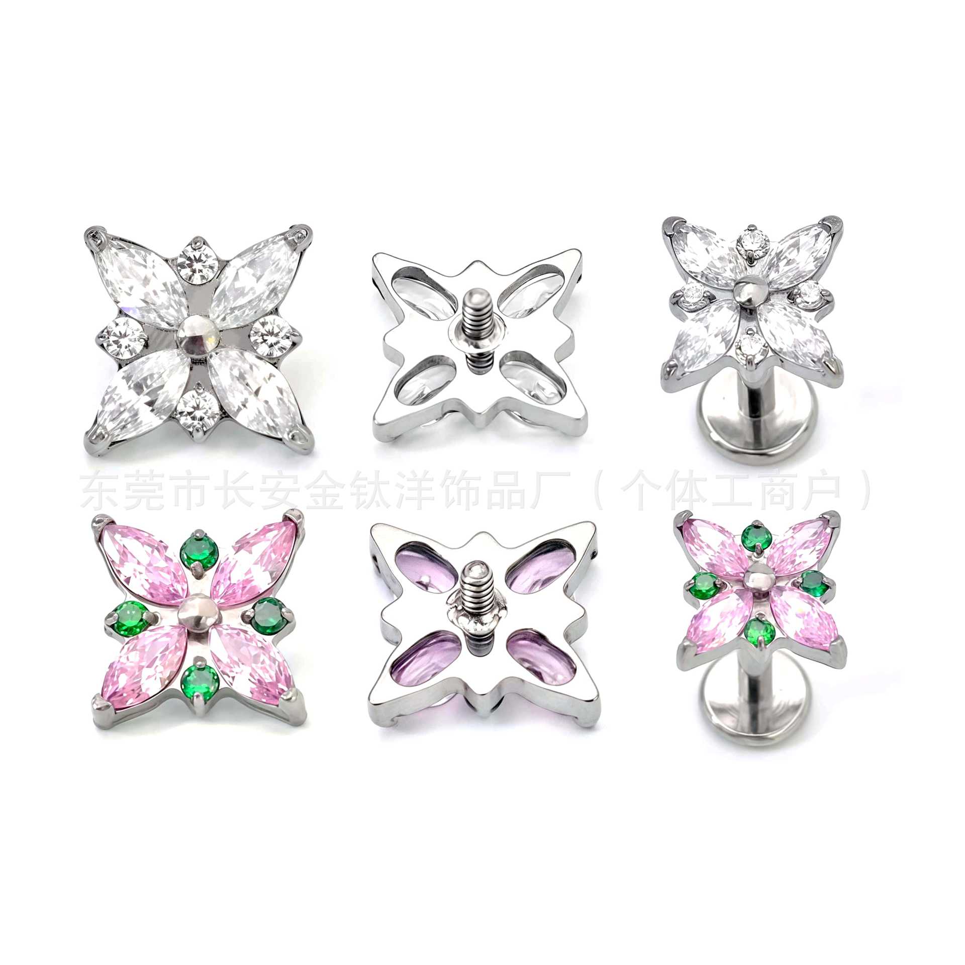 F136 Titanium Internal Thread Cross Flower Zircon Ear Lip Nail Barbell - G23 Titanium Body Piercing Jewelry detail image 8