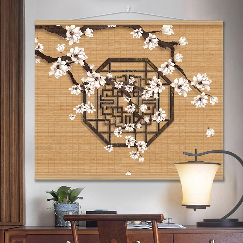 中式复古风大尺寸竹帘挂画茶室客厅卷轴装饰画卧室玄关禅意背景画|undefined