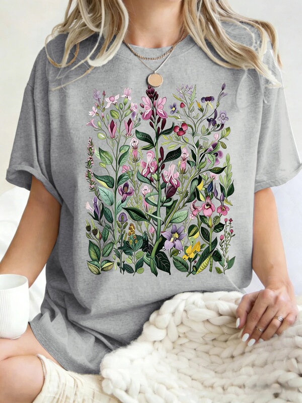 There Are Different Beautiful Floral Designs T-Shirts for Women, Cotton Summer T-Shirts, Loose Casual Clothing, Y2K Breathable Round-Neck