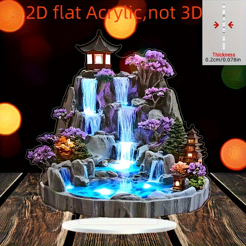 Decoración de mesa acrílica plana 2D montaña falsa decoración de agua corriente fuente sala de estar rueda de agua circular sala de estar pendulum de mesa