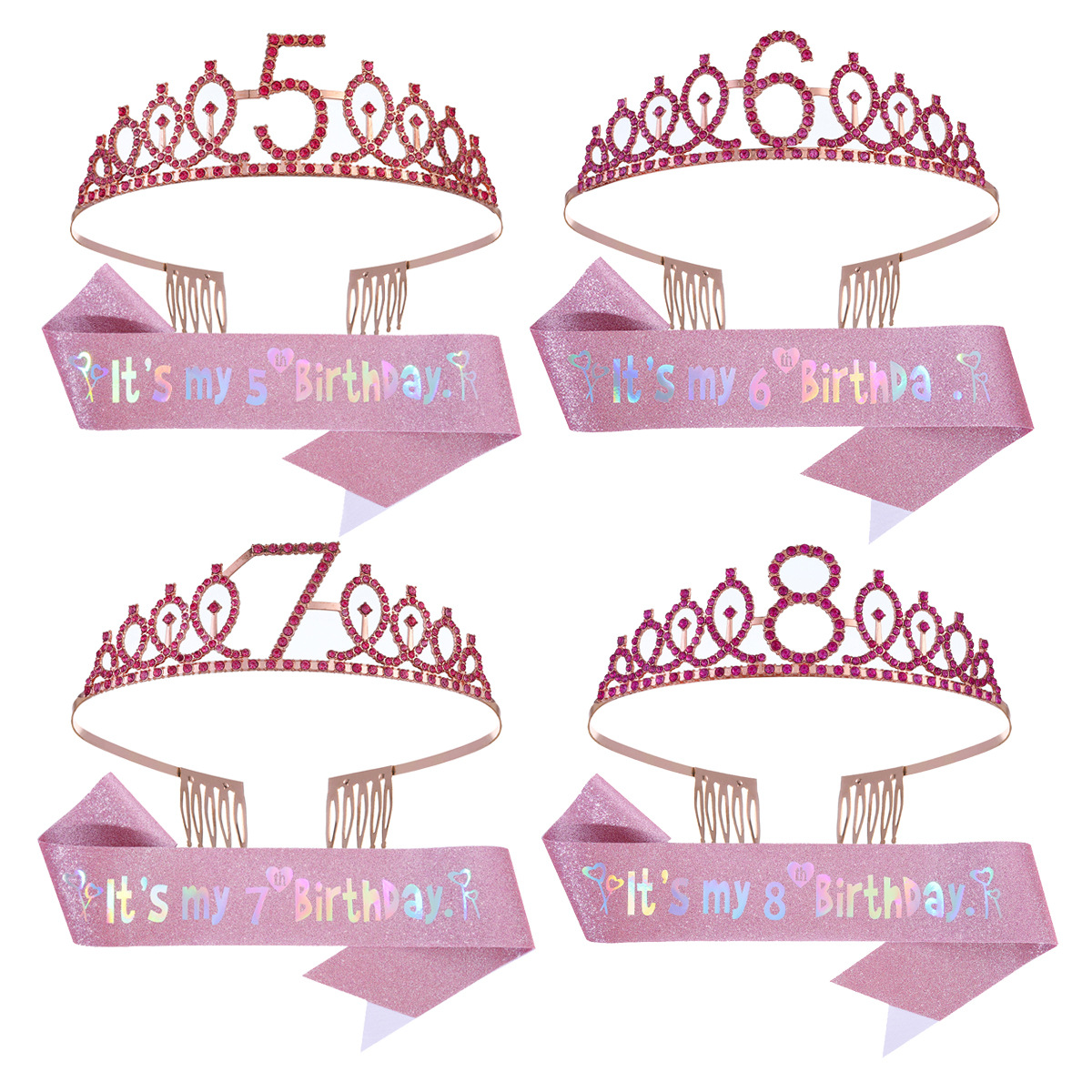 Cross-Border Hot Stamping Digital Rhinestone Birthday Crown Shoulder Strap Decoration Birthday Party Celebration Headwear Headband Etiquette Belt Set