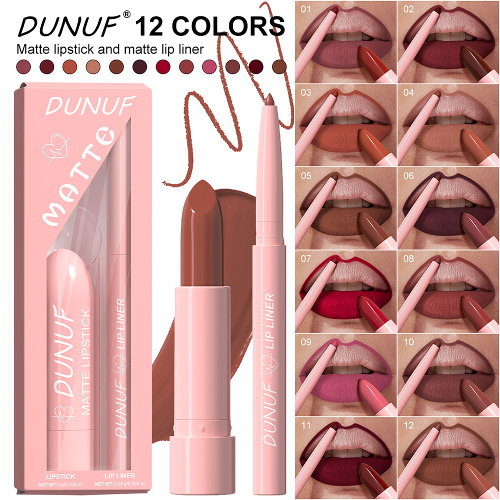 Dunuf 12-Color Lipstick + Lip Liner Matte Easy to Color to Improve Lip Shape Nude Lip Glaze Color Not Easy to Remove Makeup Cross-Border