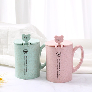 Cute Bear Mug Wheat Straw Fiber Water Cup Handle with Lid Wide Mouth Cup Student Coffee Cup for Hair