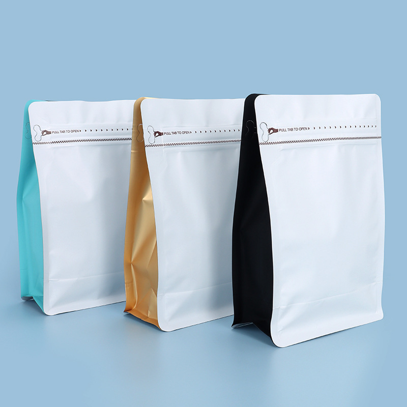 Spot bolsa de envasado de alimentos sellada de ocho lados válvula de gas de nuez cremallera lateral bolsa autovertical cremallera fácil de rasgar bolsa sellada de granos de café