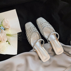 牛皮版~鏤空編織粗跟真皮涼鞋女夏季羅馬包頭中跟半拖鞋涼拖