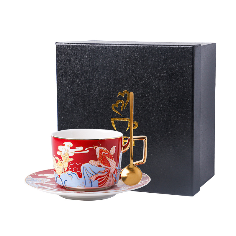 Caja de regalo-Rojo-carpa taza y platillo cuchara