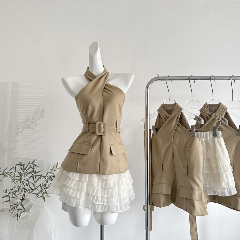Temperate and Elegant Khaki Cross-Belt Vest/Beige Chiffon Layered Skirt Casual Set