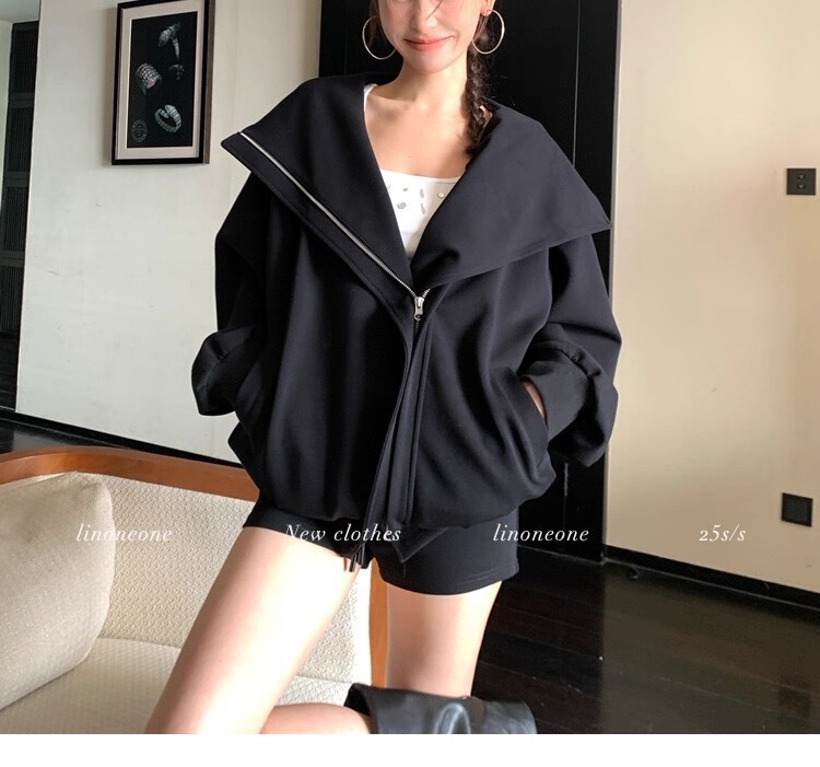 LINONEONE白女美学 韩系休闲宽松连帽卫衣开衫外套抽绳套装|undefined
