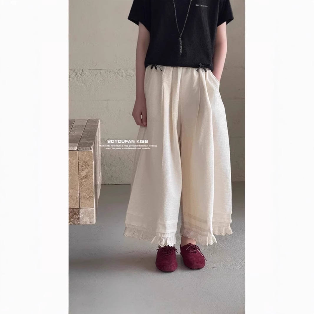 Girls' Cotton Pants Summer Thin 2025 New Children's Korean Style Girls' Lace Trousers Girls' Wide Leg Trendy